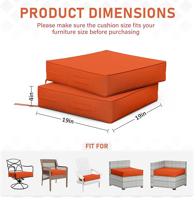 Patio Chair Cushions 19 X 19 X 4 Inch Waterproof Outdoor Seat Cushions for Patio Furniture, Outdoor Sofa Couch Pads with Ties & Handle, Set of 2, Orange