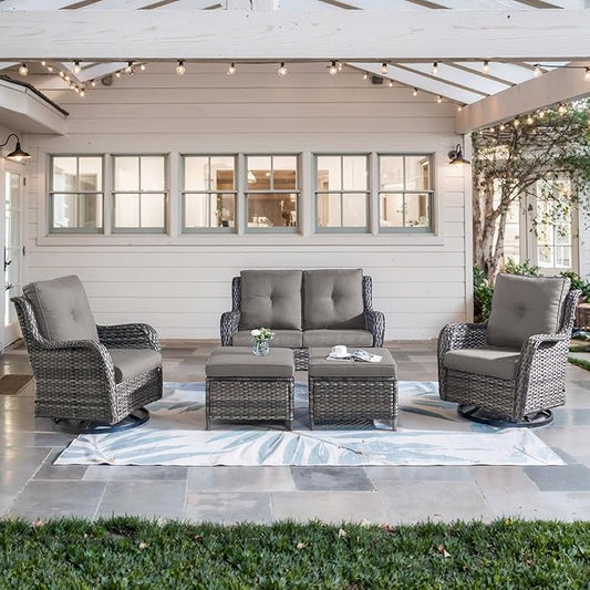 5 Piece Outdoor Patio Furniture Set - Wicker Furniture Patio Conversation Set, Outdoor Swivel Rocker Chairs with Loveseat Sofa and 2 Ottomans for Small Space, Gray Cushion