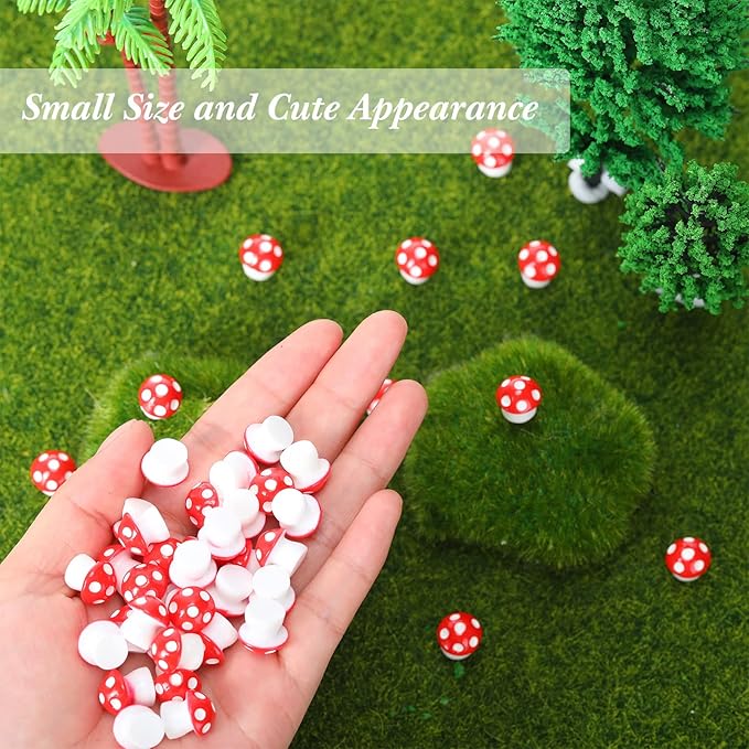 Yulejo 160 Pcs Tiny Mushrooms Mini Figurines Miniature Cute Colorful Mushroom Figurines Indoor Outdoor Mushroom Statue Decor Mushroom Decoration for Garden Landscape Bonsai Craft Ornament (Red, M)