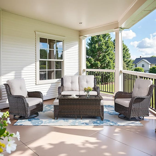 Wicker Outdoor Furniture Patio Furniture Set - 6 Piece Patio Conversation Set with Swivel Rocker Chairs, Loveseat Sofa, Ottomans and Coffee Table, Beige Cushion