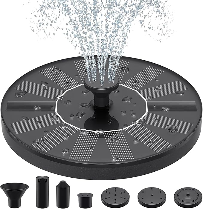 Solar Fountains,Solar Water Fountain,Solar Powered Bird Bath Fountain with 6 Nozzles - Free Standing Floating Solar Water Fountain for Bird Bath, Garden, Pond, Pool (Black-1.4W)
