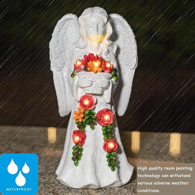 Angel Garden Statue Figurines Light Decoration Outdoor Solar Angels with 8 Led Lights Outside Resin Sculpture Art Decor Patio Lawn Yard Housewarming Gifts for Women Grandma Mom
