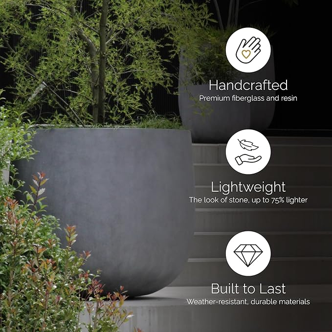 Mondo Large Planter – River Stone Finish – Fiberglass Indoor/Outdoor and Weather-Resistant Round Planter (26" D x 24" H Exterior, 24.6" D x 24" H Interior)