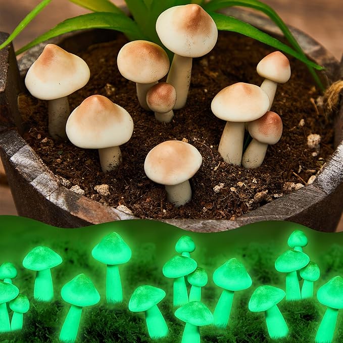 Taiyin 5 Pcs Luminous Mushroom Miniature Garden Mushrooms Outdoor Decor Waterproof Glow in The Dark Yard Decor for Fairy Outdoor Garden Micro Landscape Christmas Tree Decor