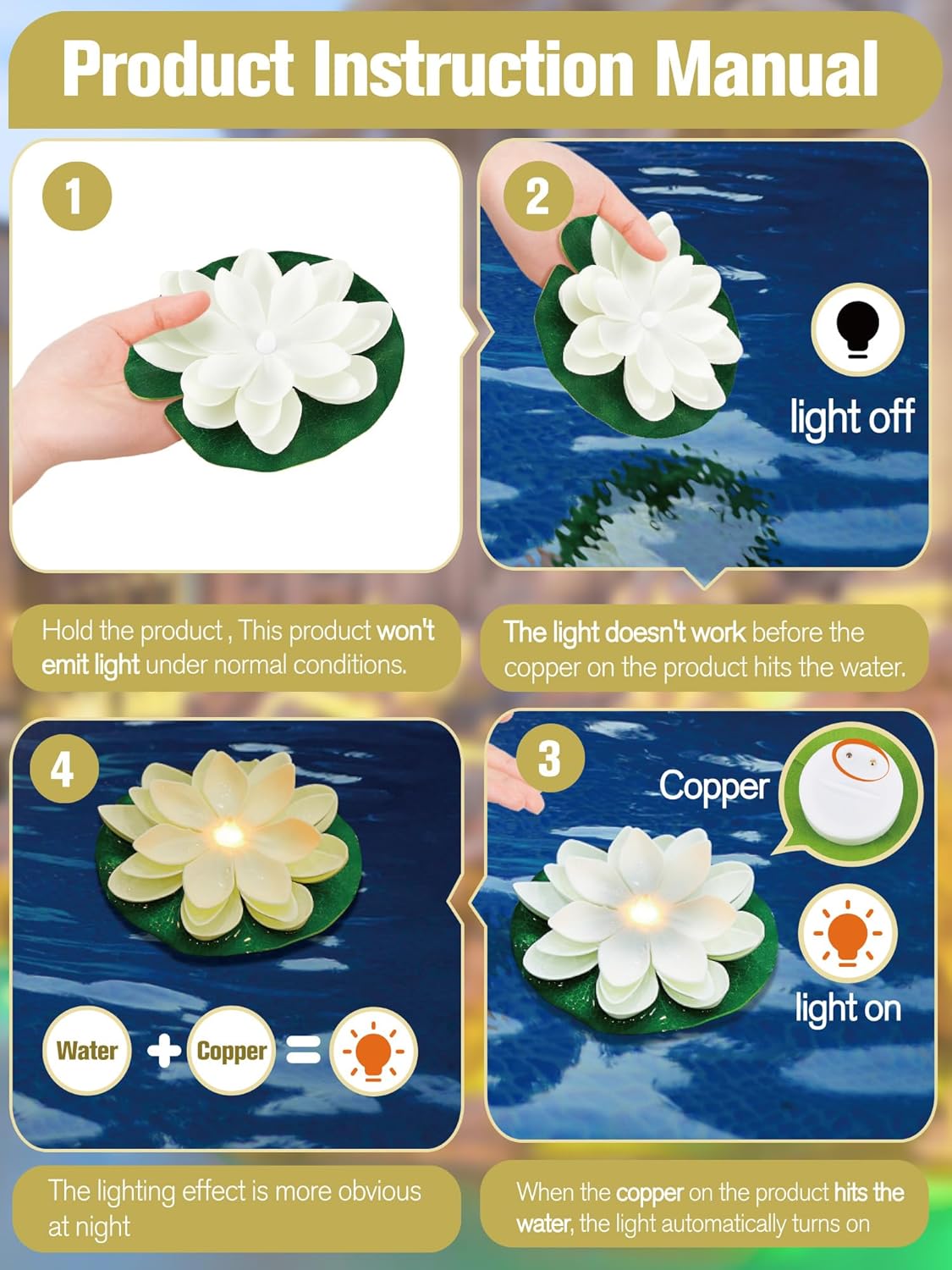 Hortsun 12 Pcs Floating Lotus Lights with Batteries Lily Pads Pool Flowers Diwali Pooja Decorations Floating Candles Decor for Pool Pond Outdoor Indoor(3.94 Inch,Multicolor)