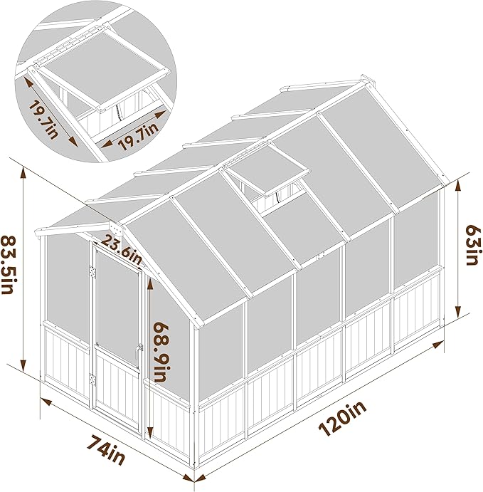 6x10 FT Green House for Outdoor, 6MM Thick Polycarbonate Panel Wooden Walk-in Greenhouse Kit with Lockable Door and Adjustable Roof Vent, Backyard Garden, Light Mocha Brown