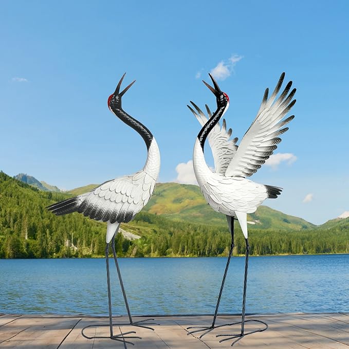 chisheen Crane Garden Statues Outdoor Metal Heron Yard Art Crane for Garden Sculptures Patio Lawn Ornaments,Set of 2