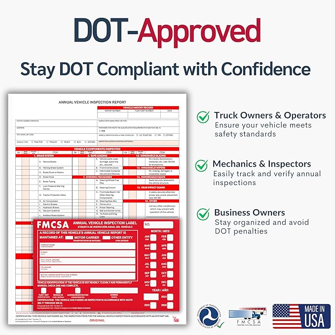 50 Pack Buck Aluminum Annual Vehicle Inspection Label with Punch Boxes, 2 Mil Red FMCSA Self Adhesive Sticker, DOT Compliant, Weatherproof, Tear Resistant, Easy to Write On, 6" x 3.5" - Made in USA
