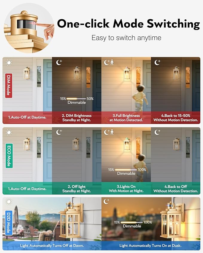 Gold Motion Sensor Outdoor Lights, Waterproof Exterior Lighting Fixtures, Aluminum Modern Outdoor Wall Lights Exterior, Transparent Glass Outdoor Porch Lights for House, Garden, Yard, E26 Base