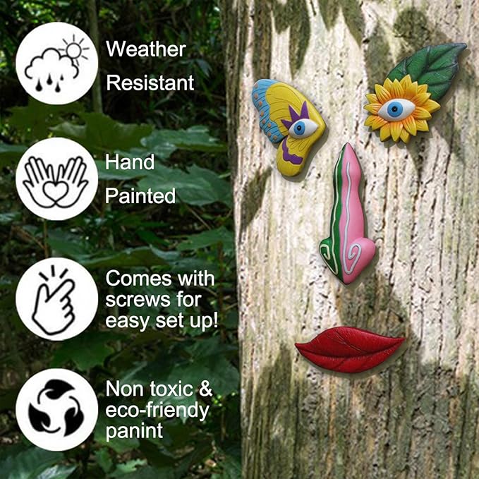 Tree Faces Decor Outdoor,Funny Tree Faces Sculpture,Colorful Fence Decorations Outdoor,Suitable for Yard and Garden Art Décor(1pcs,Colorful Butterfly)