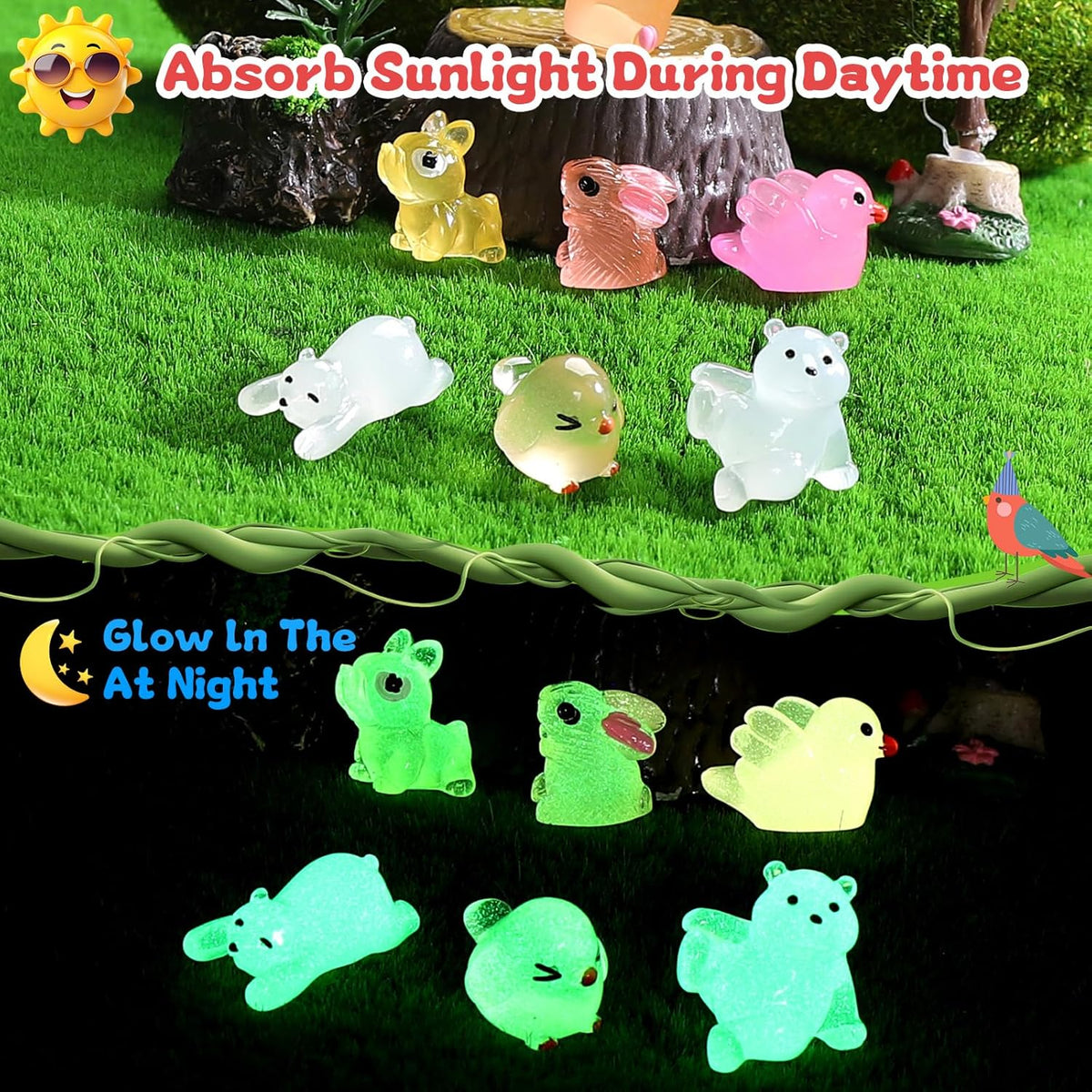 Luminous Mini Resin Animals 100 Pcs Glow in The Dark Resin Animals 100 Styles Miniature Fairy Garden Mini Ducks Figurines Slime Charm for Accessories Landscape Aquarium Potted Decoration