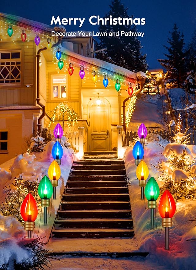 Jumbo C9 Christmas Pathway Lights Outdoor - 8.5 Feet 5 LED C9 Walkway Lights, C7 Covered Multicolor Bulb for Holiday Decorations, Outside Lawn, Yard, Garden