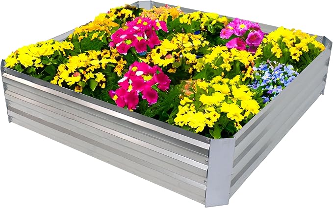 Sunnydaze Galvanized Raised Garden Bed - Metal Raised Bed for Gardening - Outdoor Planter Box for Flowers, Plants, and Vegetables - Silver - 12” H Square