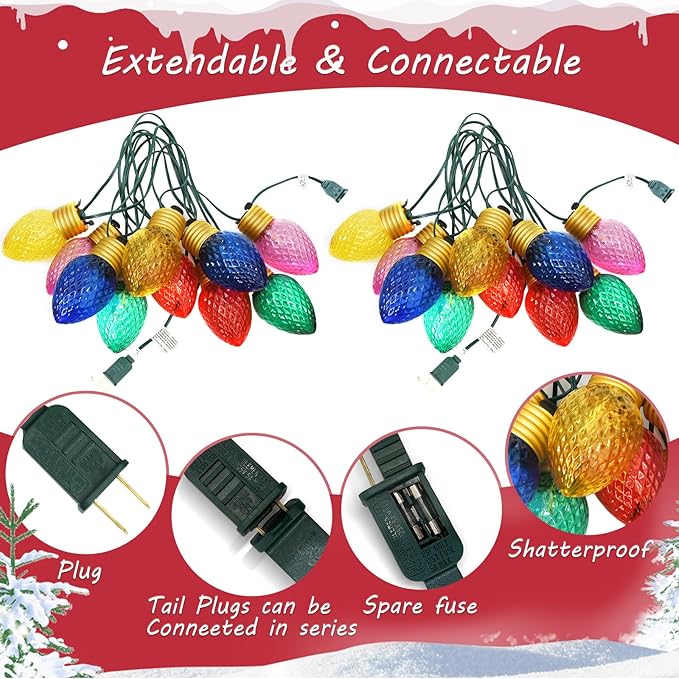 16FT Jumbo Christmas Lights,C7 Jumbo Xmas String Light Christmas Outdoor Decorations Lights with 10 Large Diamond Pattern Multicolor Bulb for Holiday Home Roof Yard Garden Decorations
