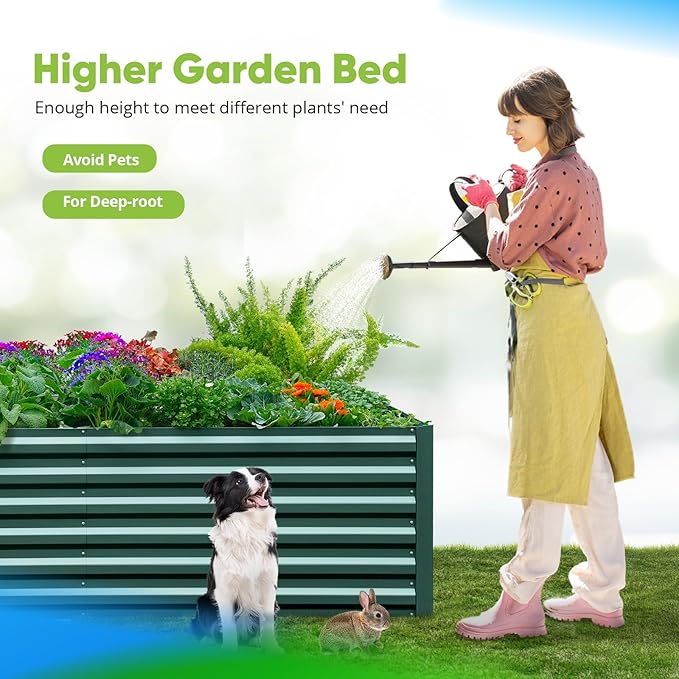 Quictent Galvanized Raised Garden Bed Metal Planter Box Bottomless for Backyard Outdoor, Include 1 pc Tomato Cage, Dark Green, 6x3x2 Ft