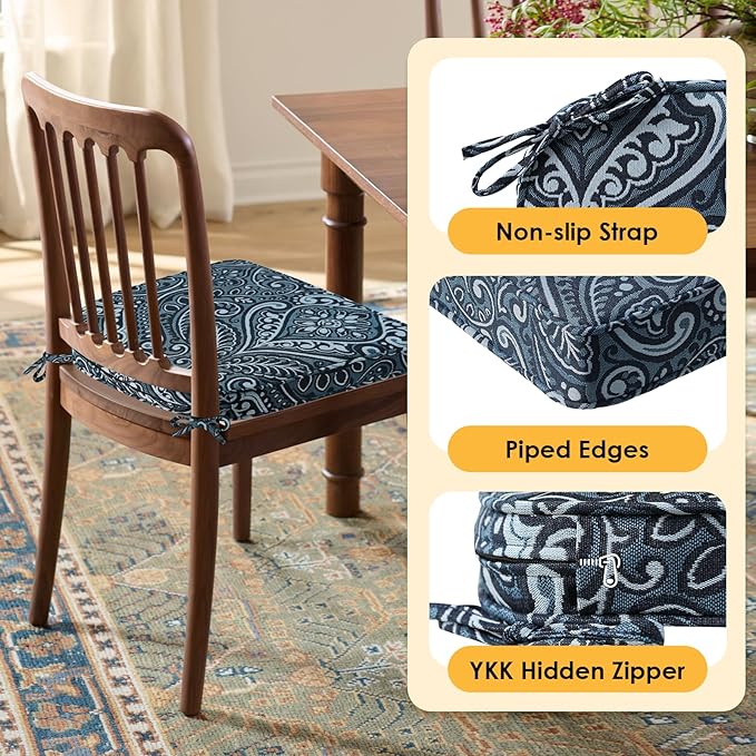 Outdoor Round Corner Seat Cushion, 17"x16"x2", Set of 4, Non Slip Seat Cushion Pads with Removable Cover for Patio Furniture, Garden Yard Lawn, Damask Vine