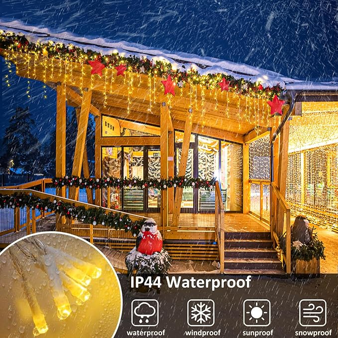 Icicle Lights for Outside, 33FT 400 LED Christmas Lights Outdoor Indoor with 8 Modes Waterproof, Connectable Plug in String Hanging Light for House Roof Yard Wedding Holiday Decor, Warm White