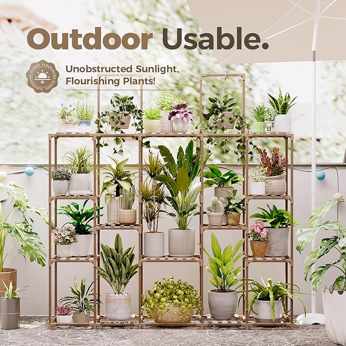 Bamworld Plant Shelf Large Plant Stand Indoor 62.2" Tall Outdoor Plant Holder Wood for Multiple Plants Hanging Plant Rack for Living Room Garden Balcony