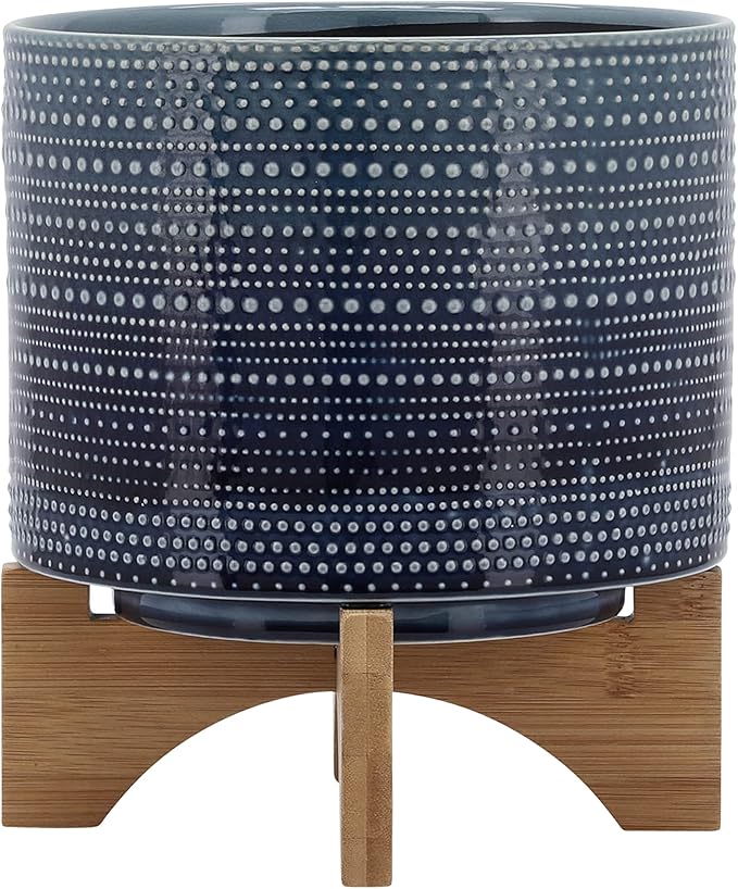 Sagebrook Home Textured Ceramic Planter with Wood Stand, Elevated Indoor/Outdoor Planter, Blue with Gray Dots, 8 L x 8 W x 10 H