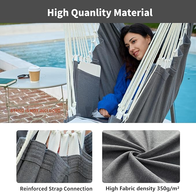 Hanging Hammock Chair Swing MAX 500 lbs Outdoor Hanging Chair with Footrest Indoor Swing Chair with Portable Steel Spreader Bar and Hardware Kit for Bedroom Living Room Patio Porch - Dark Grey