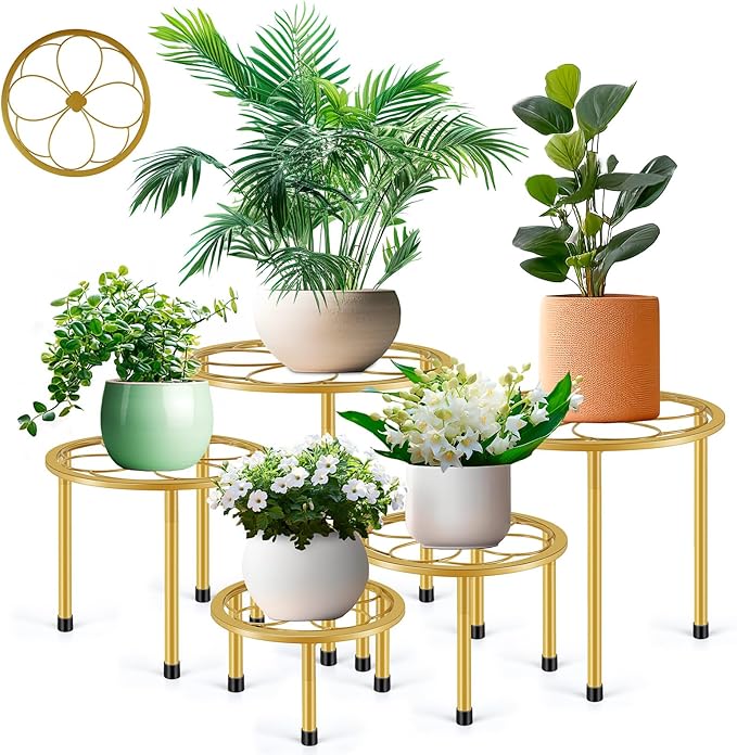 5 Pack Metal Plant Stand, Anti-Rust Iron Plant Stands for Indoor and Outdoor, Heavy Duty Flower Pot Stands for Multiple Plant, Black Potted Plant Holder for Garden Home (5 Pack Gold)