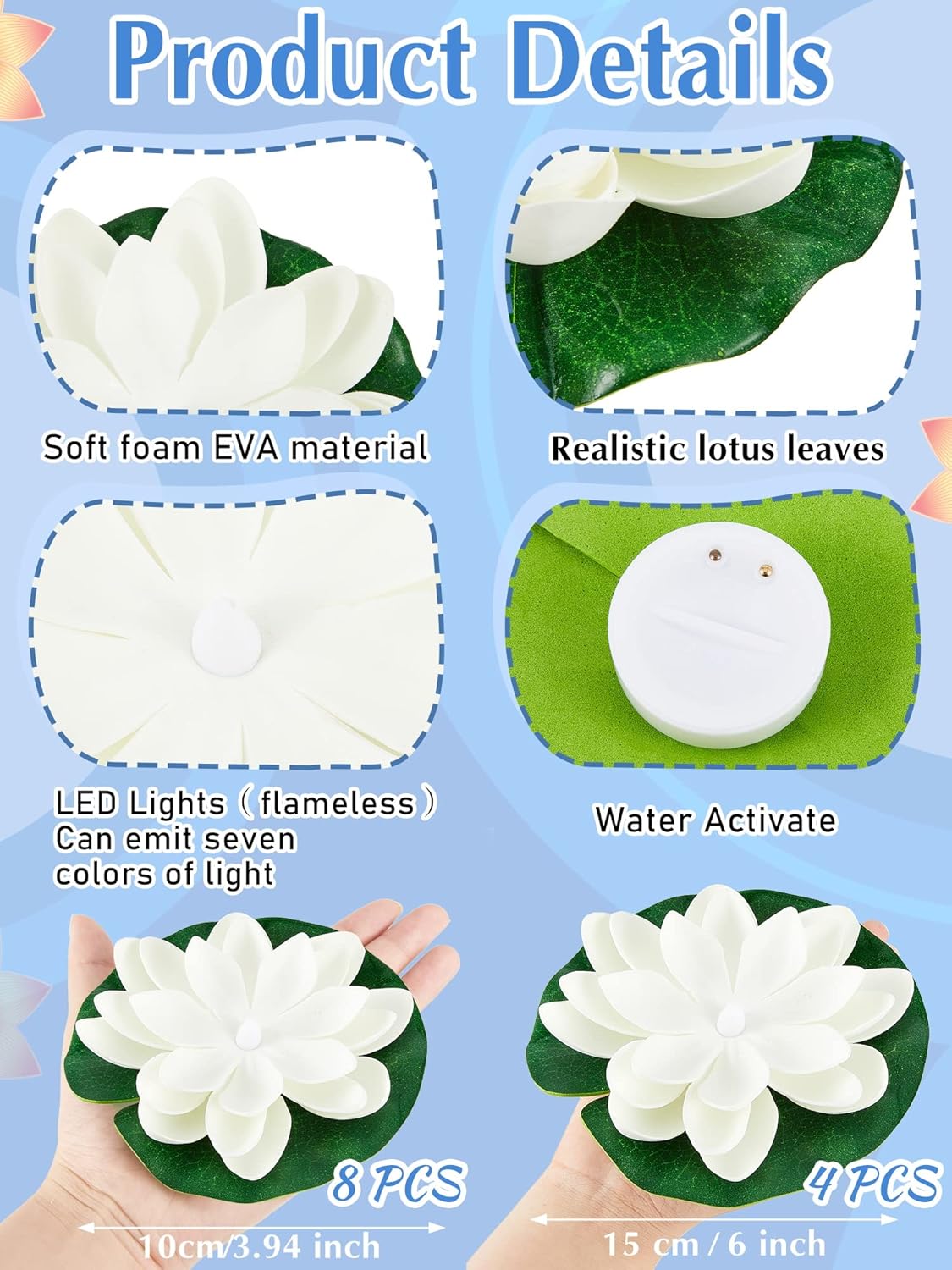 Hortsun 12 Pcs Floating Lotus Lights with Batteries Lily Pads Pool Flowers Diwali Pooja Decorations Floating Candles Decor for Pool Pond Outdoor Indoor(3.94/5.91 Inch,White)