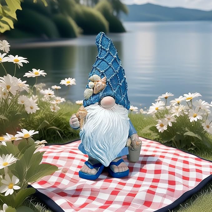 Outdoor Garden Sea Gnome Statue Decoration Indoor Outdoor Resin Beach Gnome Sculpture for Home Office Desktop Bathroom, Summer Pool Decoration Outdoor Gifts (Carrying Bucket of Shells)