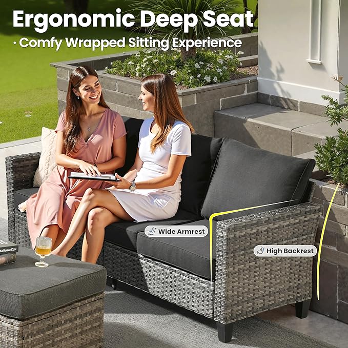 ovios 6 Pieces Patio Furniture Set with 42" Fire Pit Table, Outdoor Wicker Sofa with Comfy Cushions, All Weather High Back Rattan Couch Conversation Set, Black