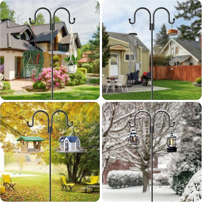 Highpro Double Shepherds Hooks for Outdoor, 2 Pack 79 Inch Heavy Duty Garden Pole for Hanging Bird Feeder, Bird Feeder Hook Plant Baskets,Garden Plant Hanger Stands with 5 Base Prongs