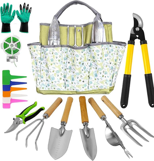 41-Piece Premium Gardening Tool Set, Stainless Steel Heavy Duty Gardening Tool Kit, with Non-Slip Rubber Grip, Storage Tote Bag, Outdoor Hand Tools, Ideal Gardening Gifts for All (Green)