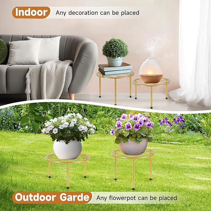 5 Pack Metal Plant Stand, Anti-Rust Iron Plant Stands for Indoor and Outdoor, Heavy Duty Flower Pot Stands for Multiple Plant, Black Potted Plant Holder for Garden Home (5 Pack Gold)