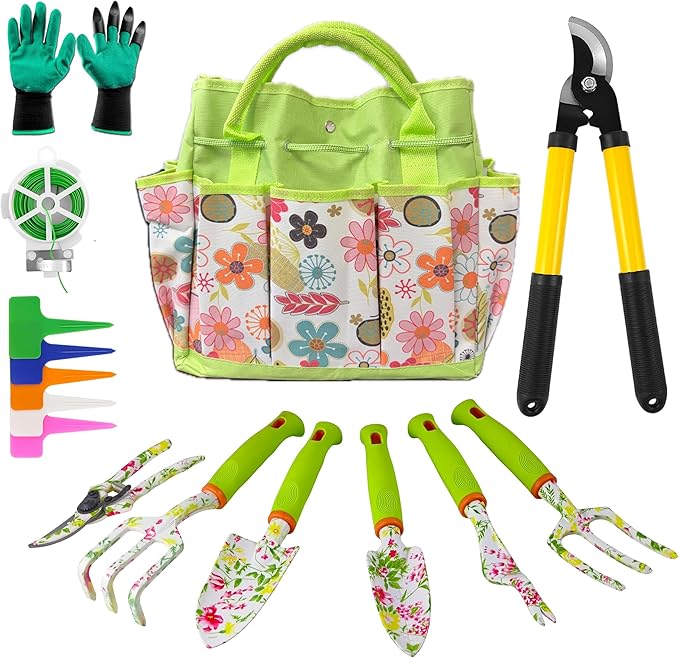 41-Piece Premium Gardening Tool Set, Stainless Steel Heavy Duty Gardening Tool Kit, with Non-Slip Rubber Grip, Storage Tote Bag, Outdoor Hand Tools, Ideal Gardening Gifts for All (Pink Floral)