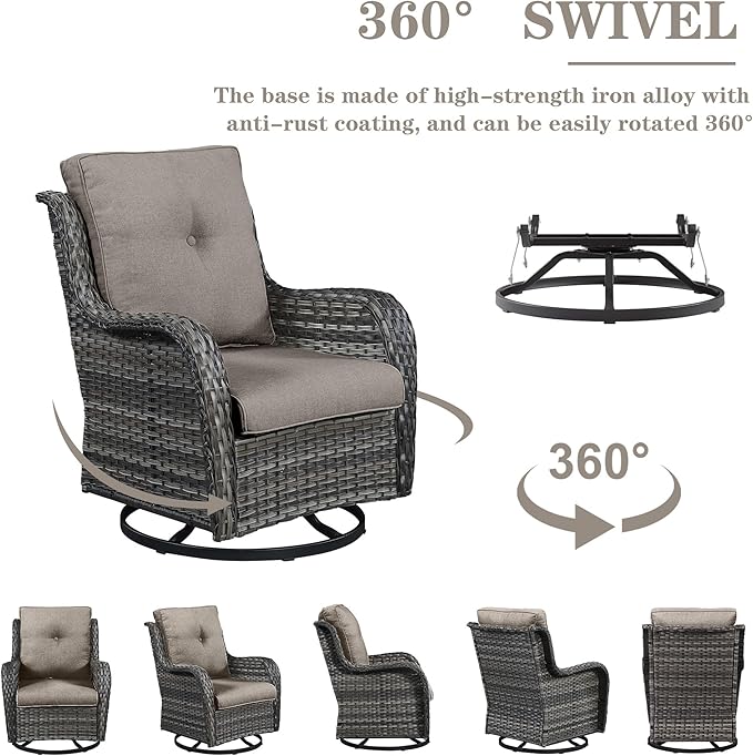 3 PCS Patio Furniture Set - Mixed Grey Wicker Swivel Rocking Chair Set with Side Table