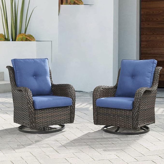 Outdoor Patio Swivel Rocker Chairs - Wicker Rattan Patio Swivel Rocking Chairs Set of 2 with High Back,Deep Seating and Comfort Cushions for Deck Porch Garden,Brown/Blue