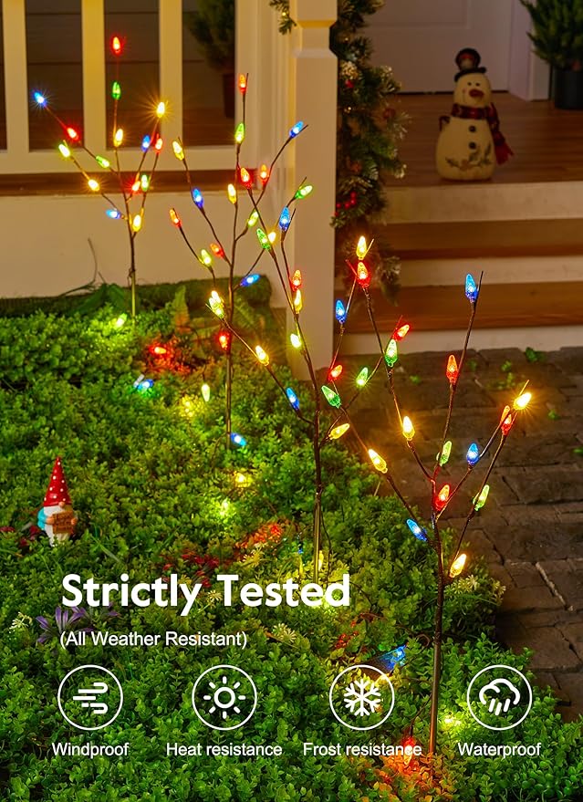 Brightown LED Twig Lights, 2 Sets Total 8 Packs Lighted Branches for Vases Plug in, C6 Driveway Christmas Lights, Outdoor Christmas Stems Outdoor Decorations Yard, Multicolor