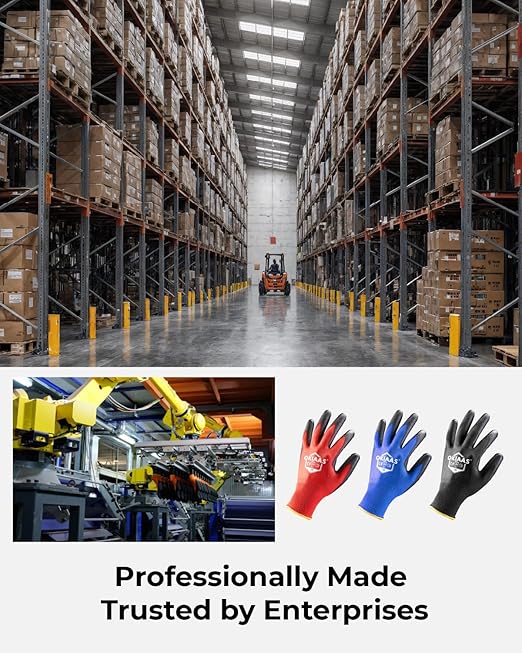 OKIAAS Work Gloves for Men，Ultra Thin and Lightweight Working Gloves with Grip, 12 Pairs Bulk Pack Construction Gloves with Polyurethane Coating, Safety Gloves for Light Duty Work (Green, Large)