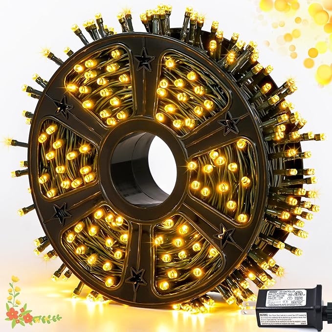 JMEXSUSS 500 LED Christmas Lights Outdoor, 173ft Warm White String Lights for Outside, 8 Modes Plug in Twinkle Light for Holiday Tree Indoor Ceiling House Decorations