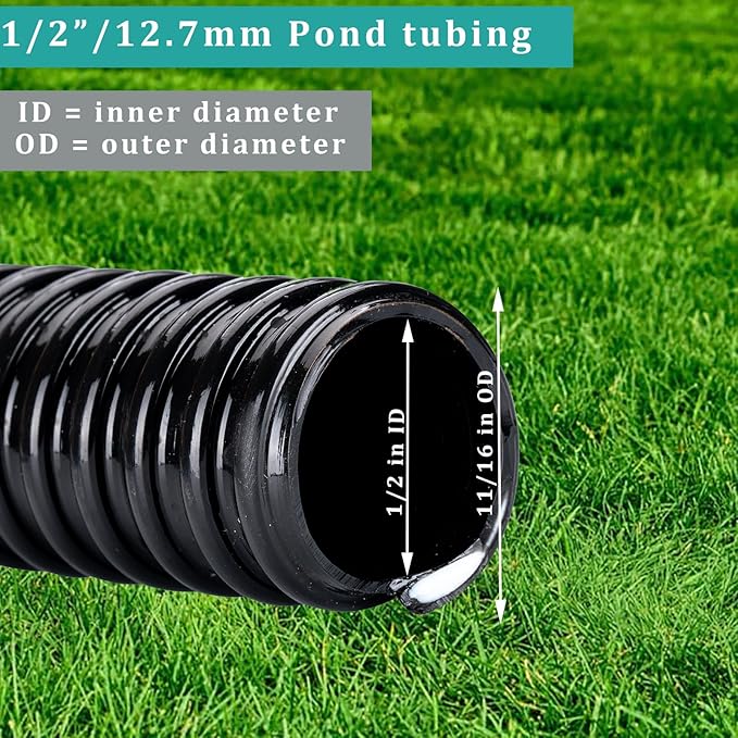 Pond Tubing ID 1/2” × 10ft Black Corrugated Flexible Reinforced Waterfall Pond Tube Sump Pump Hose, Non-toxic & Kinkproof (10 ft, 1/2" ID)
