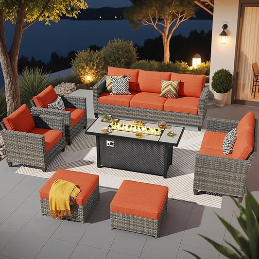 ovios 7 Pieces Patio Furniture Set with 54" Fire Pit Table, Outdoor Wicker Sofa with Comfy Cushions, All Weather High Back Rattan Couch Conversation Set, Orange Red