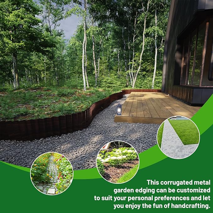 SnugNiture Corrugated Metal Garden Edging,8" x 20' Sturdy Lawn Edging Border,Landscape Edging Border for Lawn, Flower Bed,Garden and Yard(Brown)