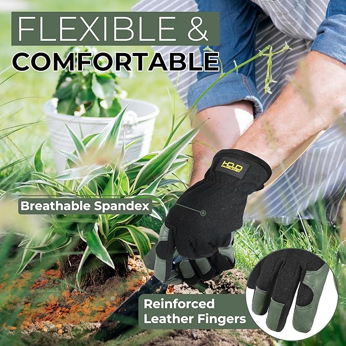HANDLANDY Leather Work Gloves for Men & Women, Reinforced Durable Garden Gloves, Cowhide Working Glove for Gardening