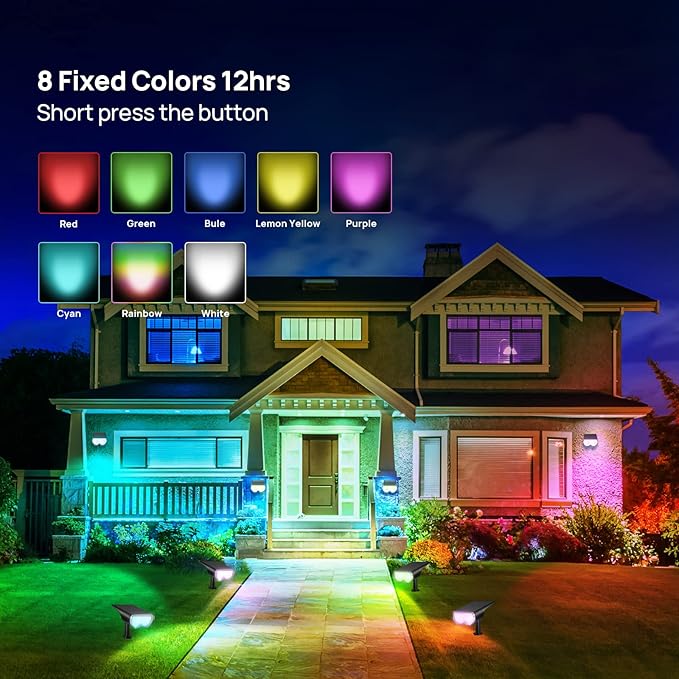 Consciot Solar Spot Lights Outdoor, Halloween Decorations 16 LEDs IP67 Waterproof Color Changing Solar Outdoor Lights, 8 Colors, 2-in-1 Adjustable Wall Lights for Garden Yard Pathway, 6 Pack(RGB)