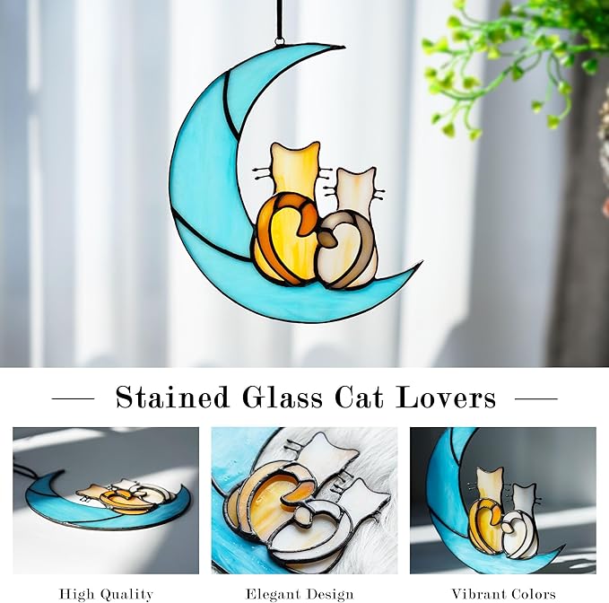 HDCRYSTALGIFTS Couple Cat Sitting on Moon Stained Glass Window Hanging, Modern Art Suncatcher for Window, Wall Decor,Cat Lover Gifts for Women/Girls