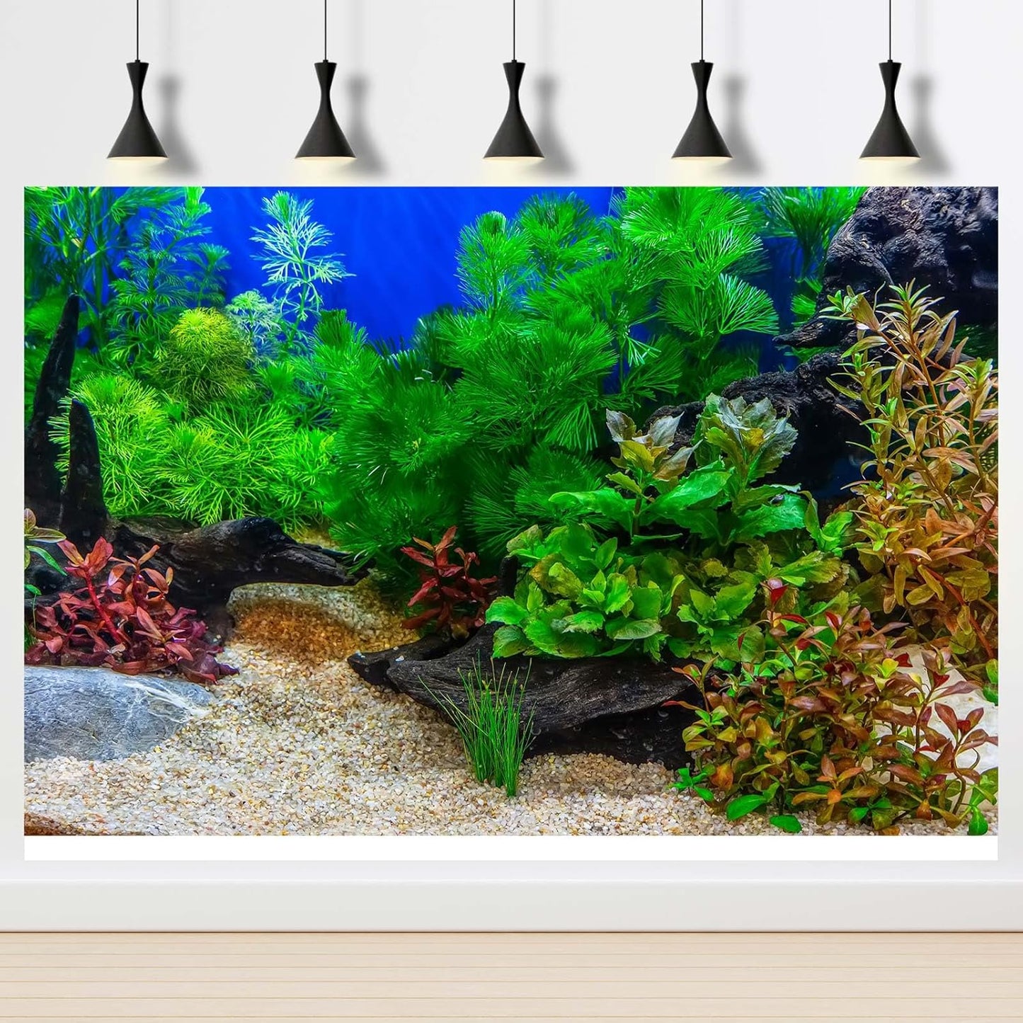 Aquarium Background Underwater Grass Leaves with Pebble Aquarium Backdrop Vivid and Fresh Green Aquatic Plant Stone River Bed and Lake Fish Deadwood Tank Background Decor Vinyl 72x24in