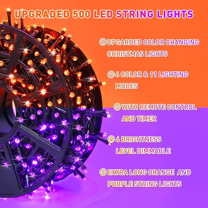 JMEXSUSS 500 LED Halloween Lights Outdoor Orange and Purple, 173ft Color Changing Halloween String Lights with Remote, Waterproof Halloween Tree Lights Plug in for Halloween Indoor Decor