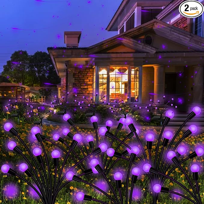 Solar Garden Lights Outdoor, 2 Pack 20 LED Solar Purple Firefly Lights Waterproof, Starburst Solar Wind Swaying Lights for Outside Yard Patio Planter Flower Bed Walkway Halloween Christmas Decoration