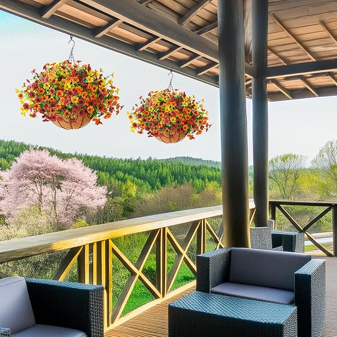 Artificial Fake Hanging Plants Flowers Basket, Faux Silk Daisy in Planter Realistic UV Resistant for Outside Home Patio Balcony Yard Spring Outdoor Decoration (Orange Brown Yellow)