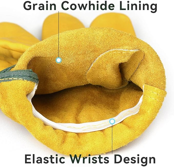 OZERO Leather Work Gloves Flex Grip Tough Cowhide Gardening Glove for Men and Women (Gold (5 Pairs), X-Large)