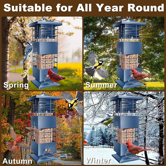 Bird Feeder 3LBS Metal Anti-Squirrel Wild Birdseed Feeder for Finch Cardinal Blue Jay Outdoors Hanging (Blue)