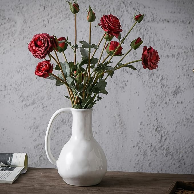 White Ceramic Vase with Big Handles, Modern Farmhouse Decor, Rustic Pottery for Flowers, Decorative Terracotta Centerpiece for Dining Table